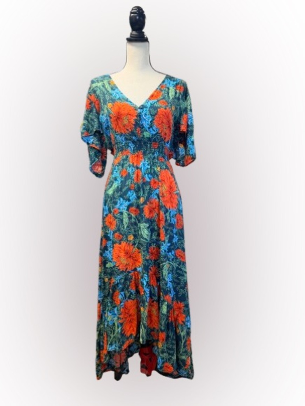 Abel the Label Floral High Low Maxi Dress Small Blue Orange Smocked Boho